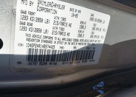 2004 Dodge Grand Caravan Se из США, поврежденный, VIN 1D4GP24R14B574425